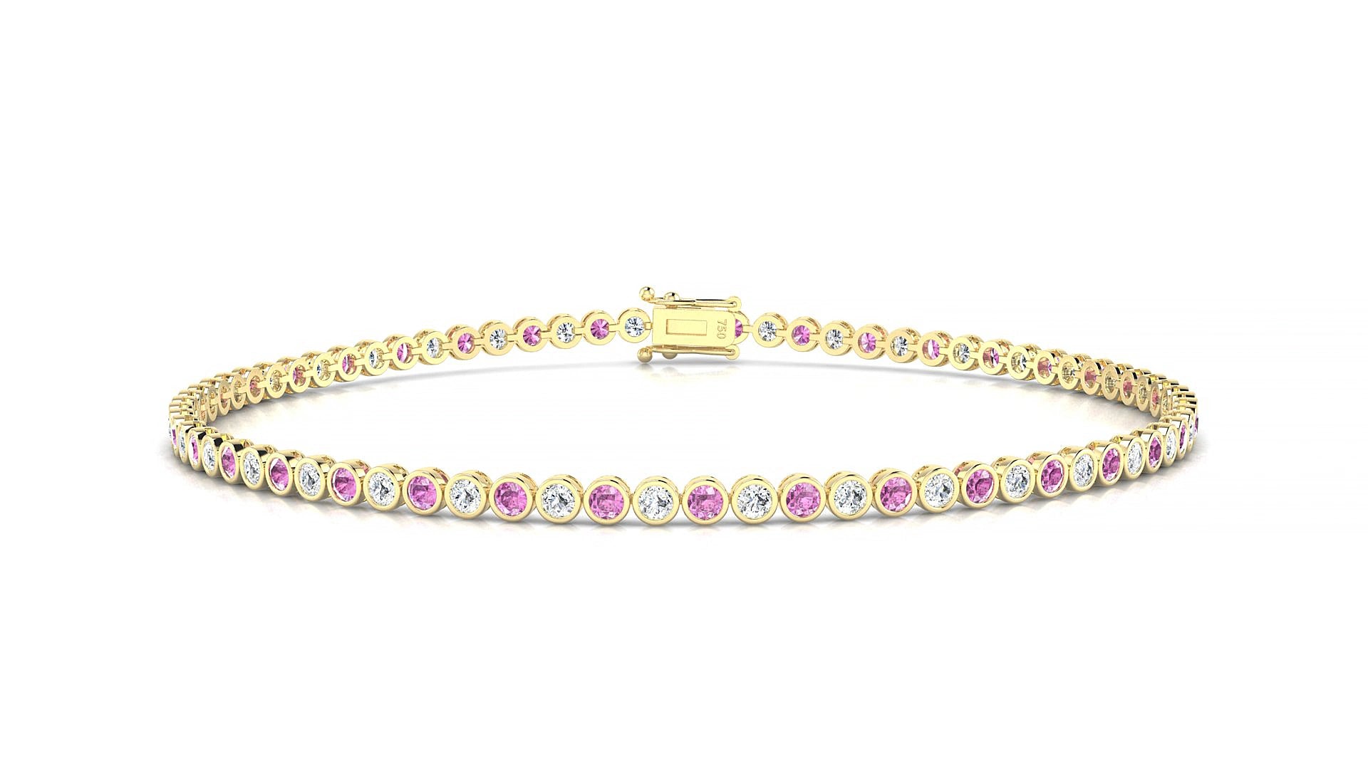 Avila 1-1 | 18k Yellow Gold 1.7 mm Round Natural Pink Sapphire & Diamond 18 cm Tennis Bracelet