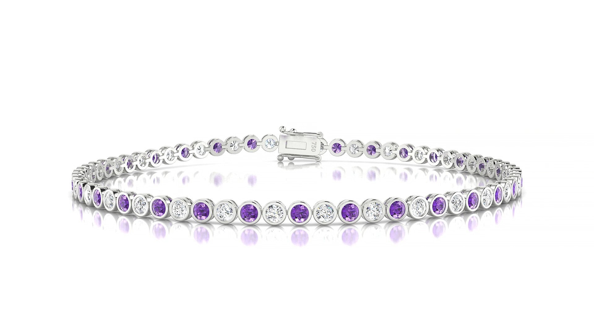 Avila 1-1 | 18k White Gold 2 mm Round Natural Amethyst & Diamond 15 cm Tennis Bracelet