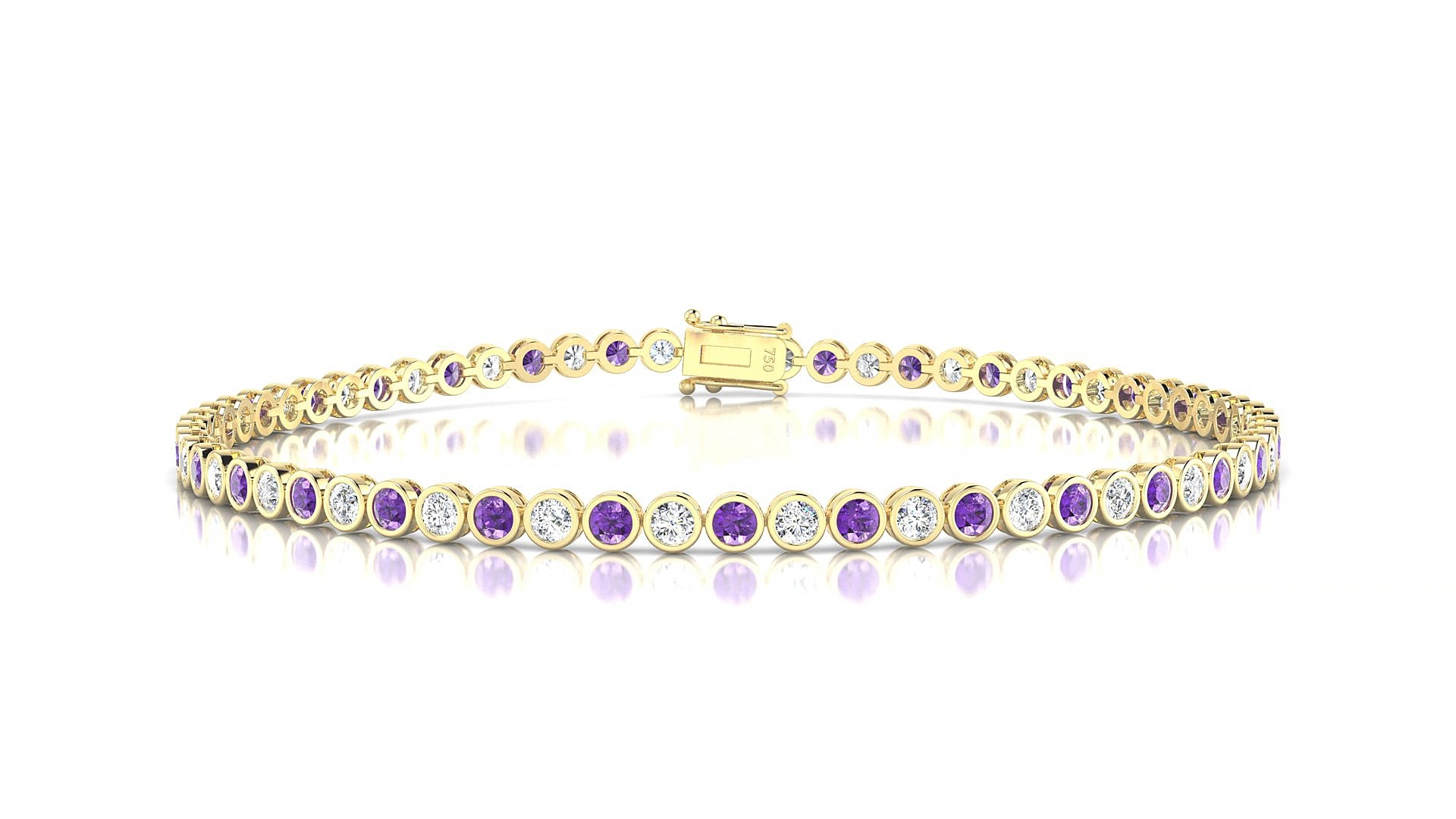 Avila 1-1 | 18k Yellow Gold 2 mm Round Natural Amethyst & Diamond 15 cm Tennis Bracelet