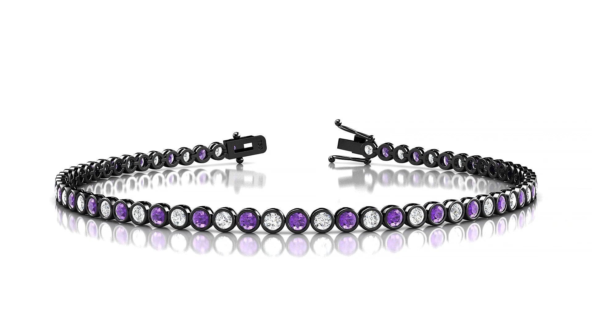 Avila 1-1 | 18k Black Gold 2 mm Round Natural Amethyst & Diamond 15 cm Tennis Bracelet