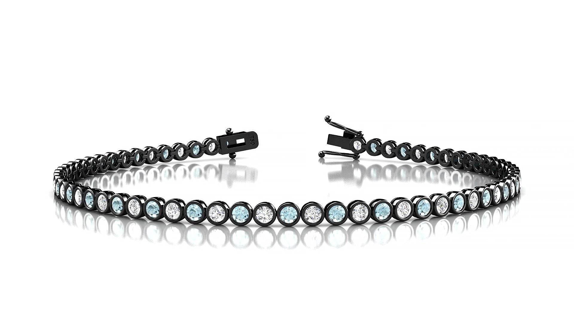 Avila 1-1 | 18k Black Gold 2 mm Round Natural Aquamarine & Diamond 15 cm Tennis Bracelet