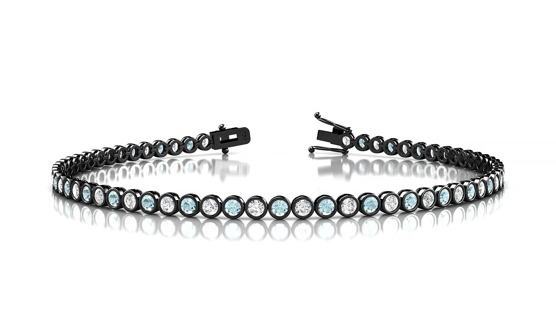 Avila 1-1 | 18k Black Gold 2 mm Round Natural Aquamarine & Diamond Tennis Bracelet
