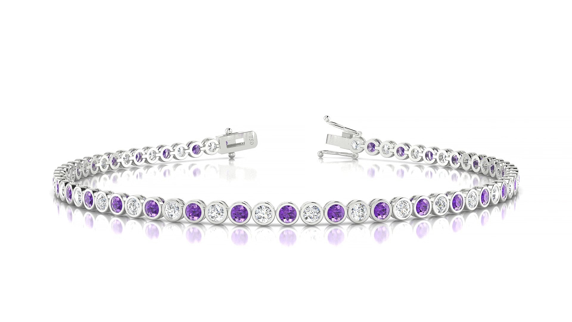 Avila 1-1 | 18k White Gold 2 mm Round Natural Amethyst & Diamond 15 cm Tennis Bracelet