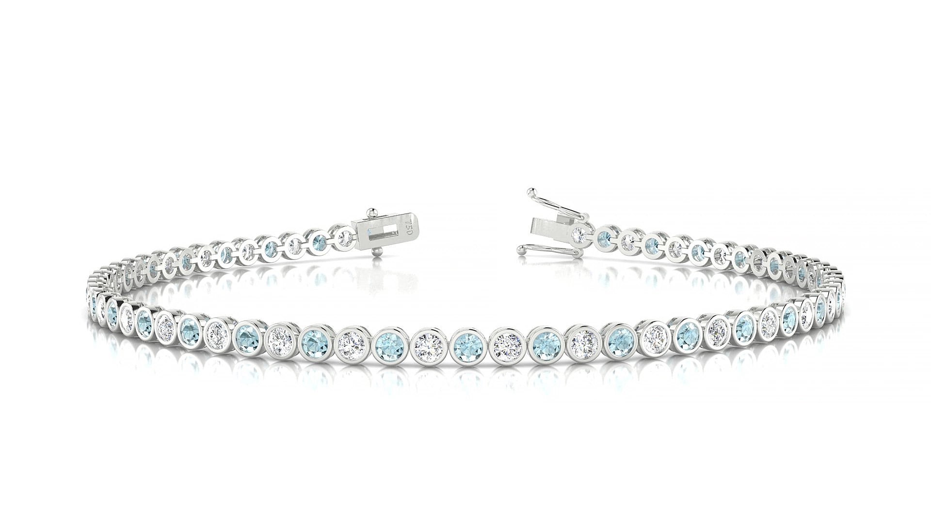 Avila 1-1 | 18k White Gold 2 mm Round Natural Aquamarine & Diamond 19 cm Tennis Bracelet