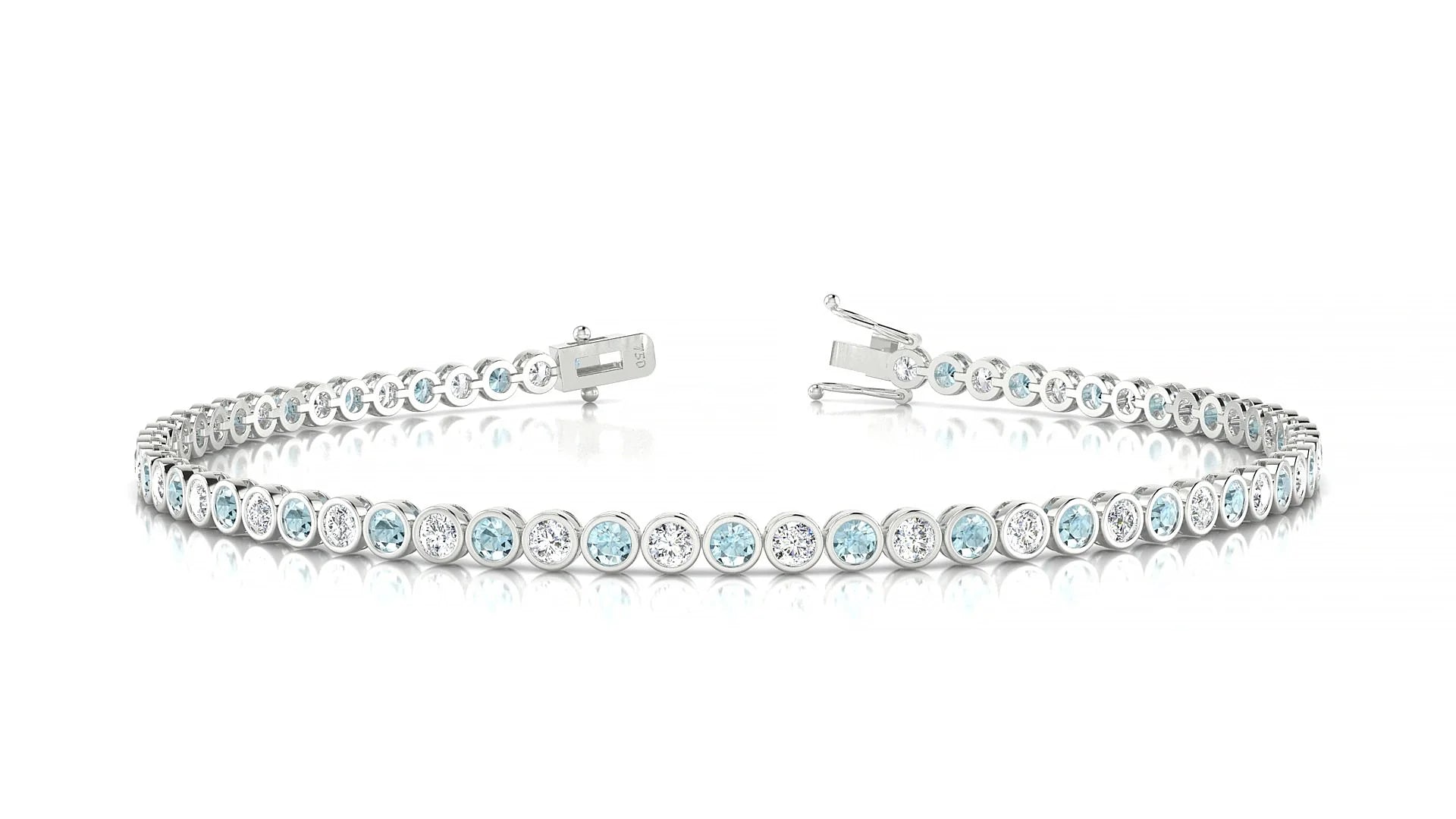 Avila 1-1 | 18k White Gold 2 mm Round Natural Aquamarine & Diamond Tennis Bracelet