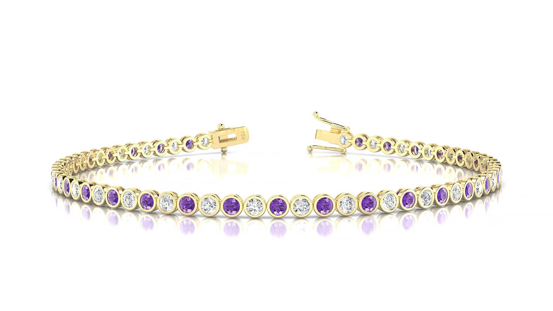 Avila 1-1 | 18k Yellow Gold 2 mm Round Natural Amethyst & Diamond 15 cm Tennis Bracelet