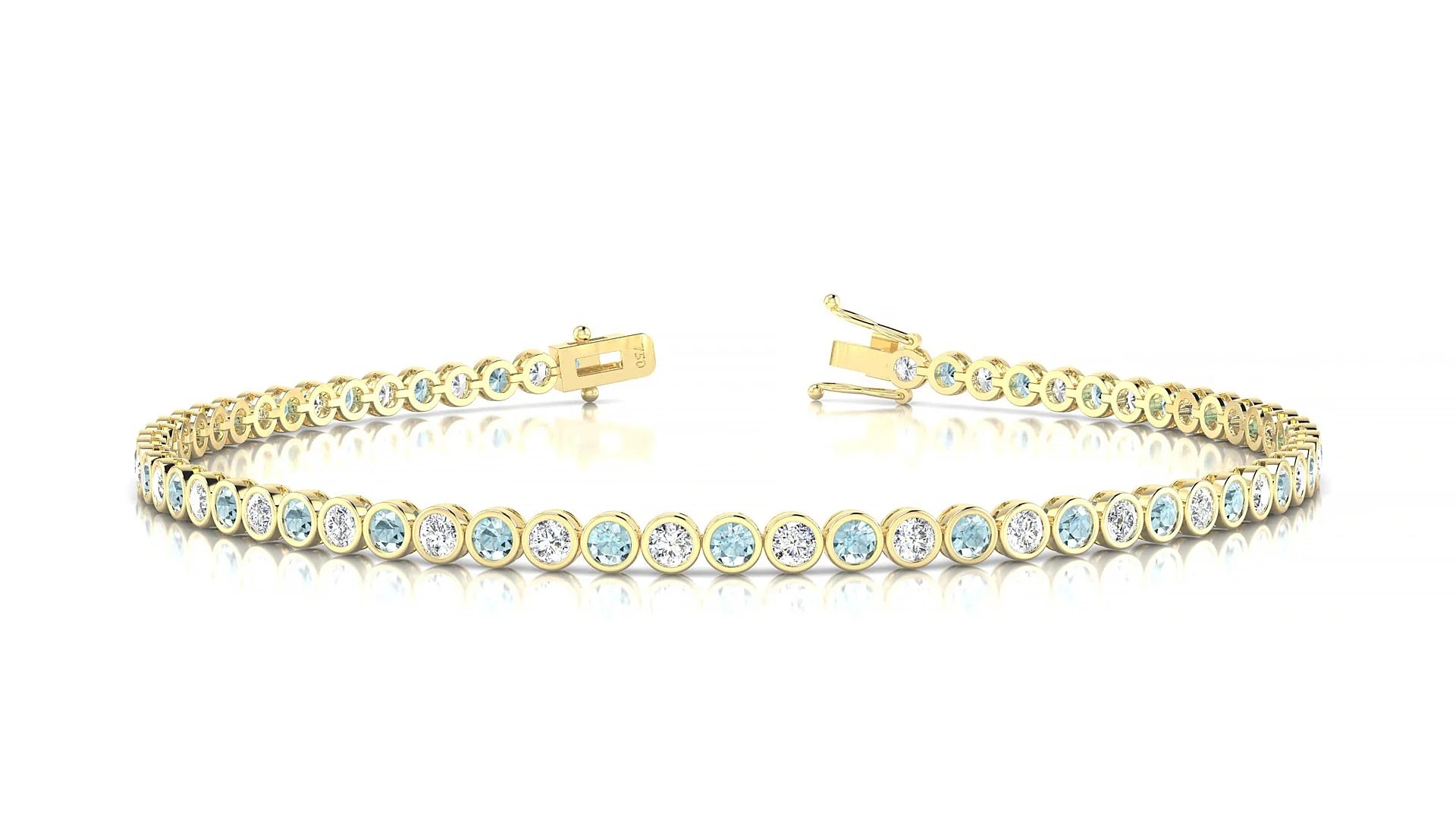 Avila 1-1 | 18k Yellow Gold 2 mm Round Natural Aquamarine & Diamond Tennis Bracelet