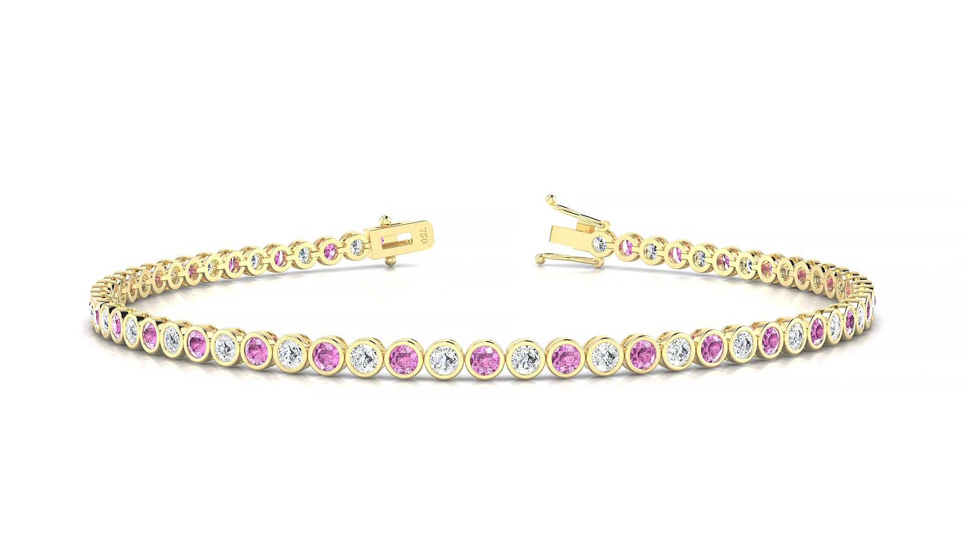 Avila 1-1 | 18k Yellow Gold 2 mm Round Natural Pink Sapphire & Diamond 18 cm Tennis Bracelet