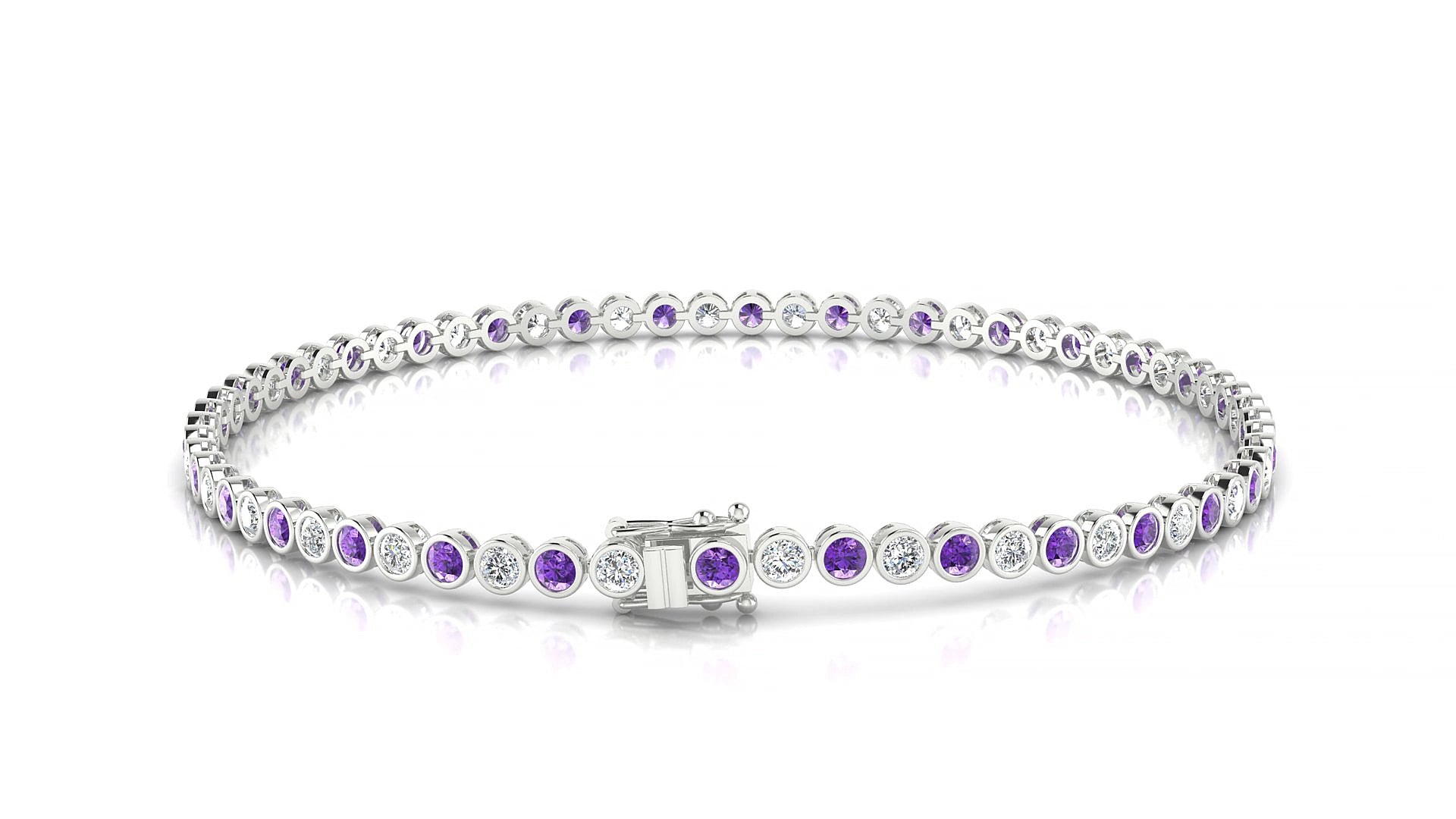 Avila 1-1 | 18k White Gold 2 mm Round Natural Amethyst & Diamond 20 cm Tennis Bracelet