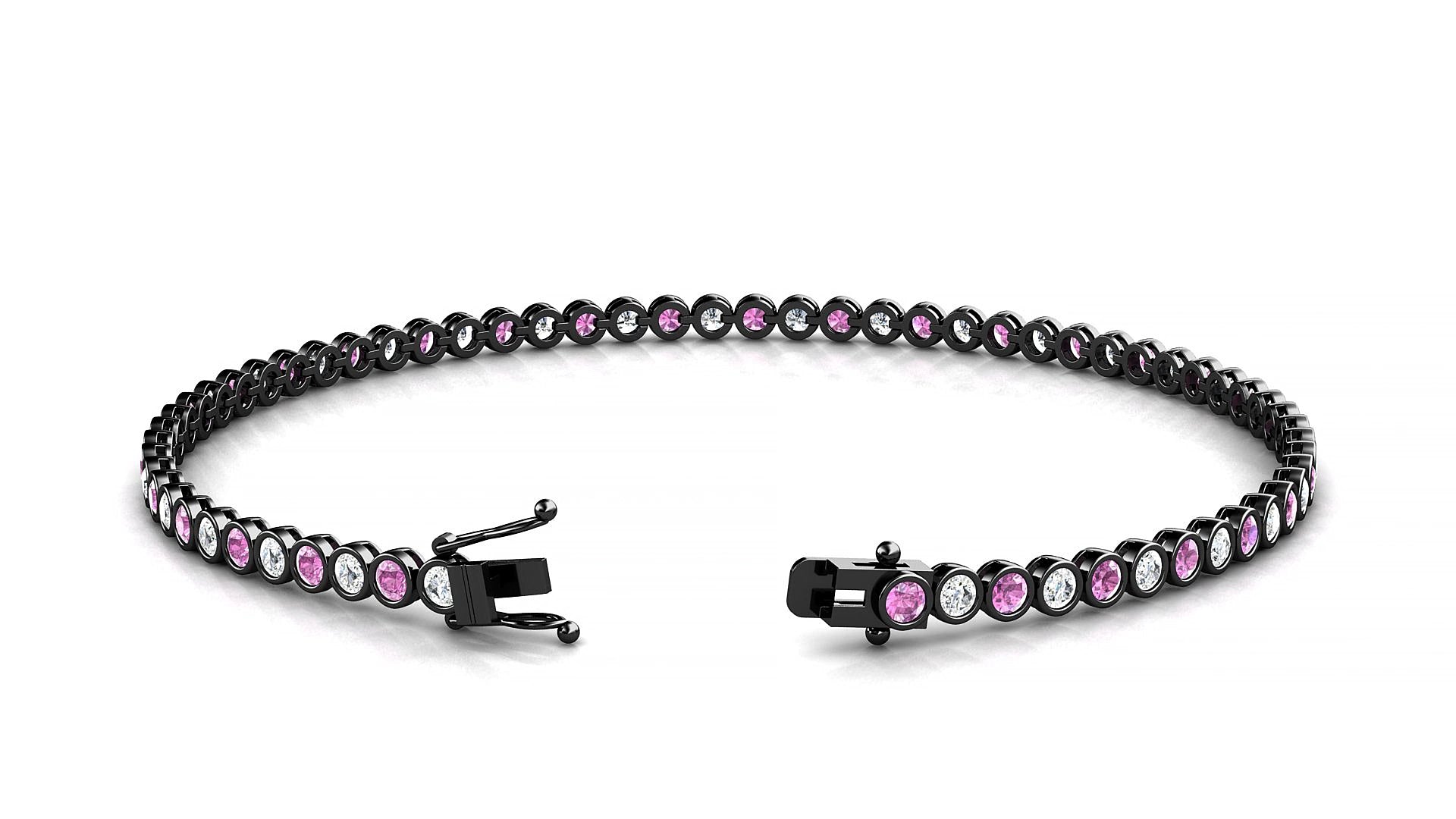 Avila 1-1 | 18k Black Gold 2 mm Round Natural Pink Sapphire & Diamond 15 cm Tennis Bracelet