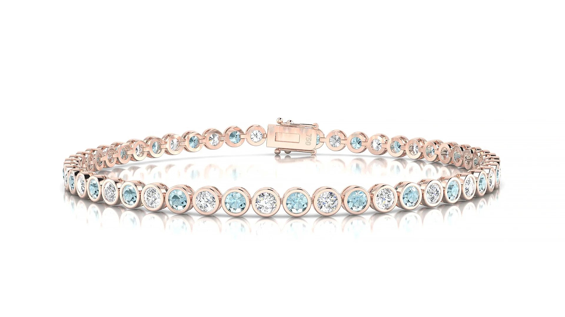Avila 1-1 | 18k Rose Gold 2.5 mm Round Natural Aquamarine & Diamond Tennis Bracelet