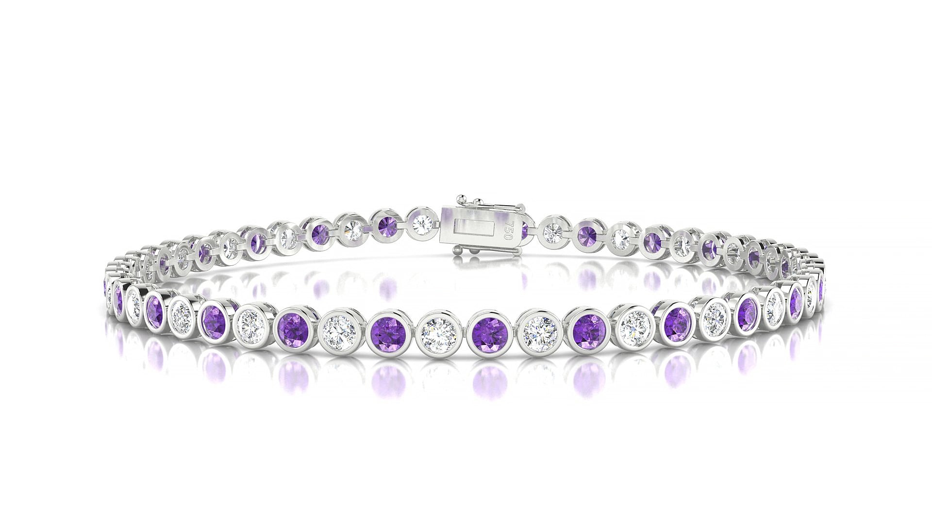 Avila 1-1 | 18k White Gold 2.5 mm Round Natural Amethyst & Diamond 18 cm Tennis Bracelet