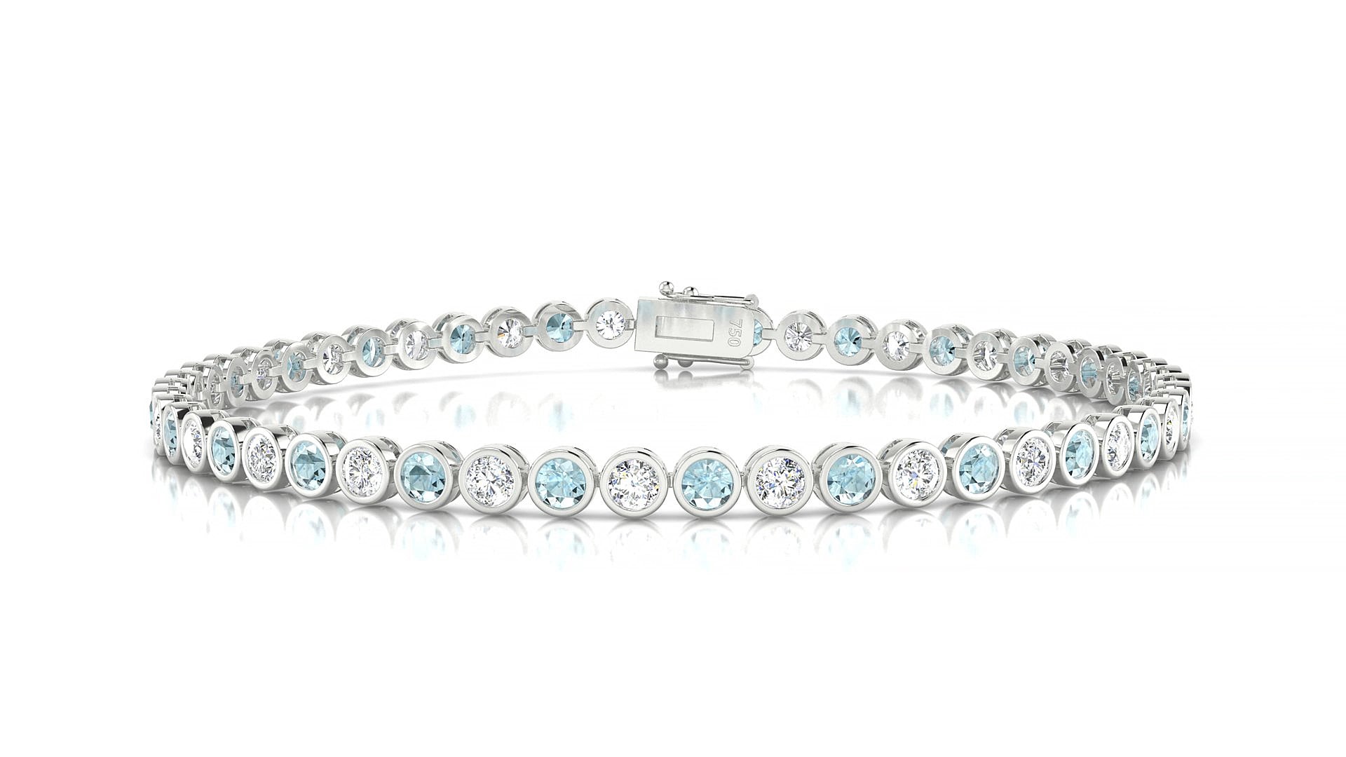 Avila 1-1 | 18k White Gold 2.5 mm Round Natural Aquamarine & Diamond 19 cm Tennis Bracelet