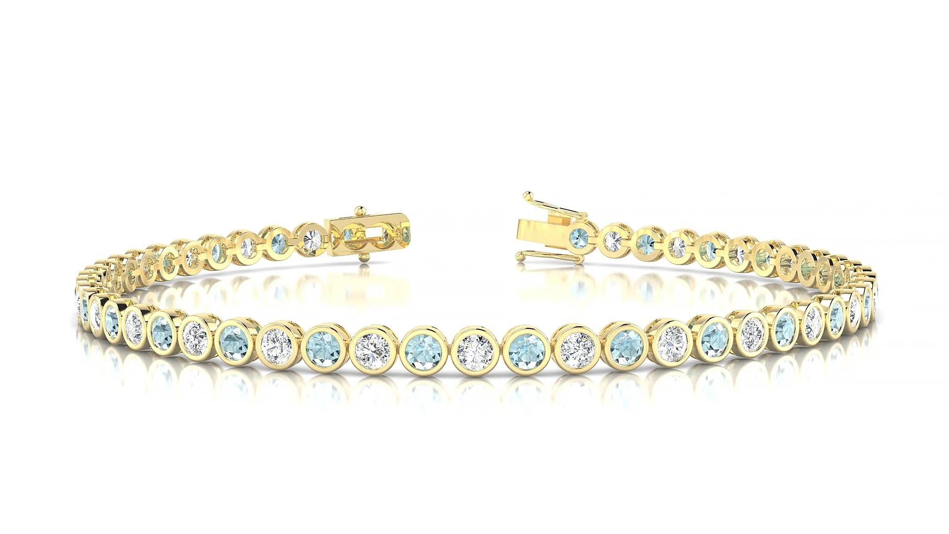 Avila 1-1 | 18k Yellow Gold 2.5 mm Round Natural Aquamarine & Diamond Tennis Bracelet