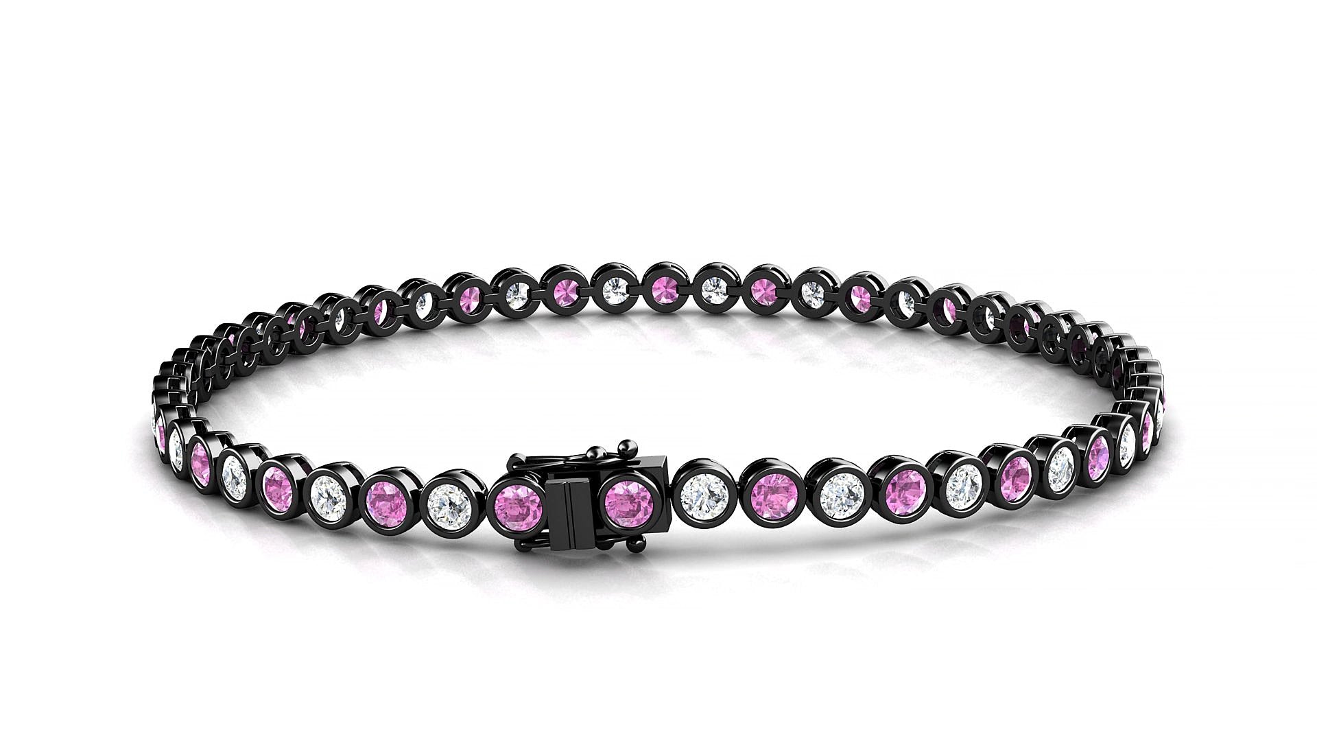 Avila 1-1 | 18k Black Gold 2.5 mm Round Natural Pink Sapphire & Diamond 15 cm Tennis Bracelet