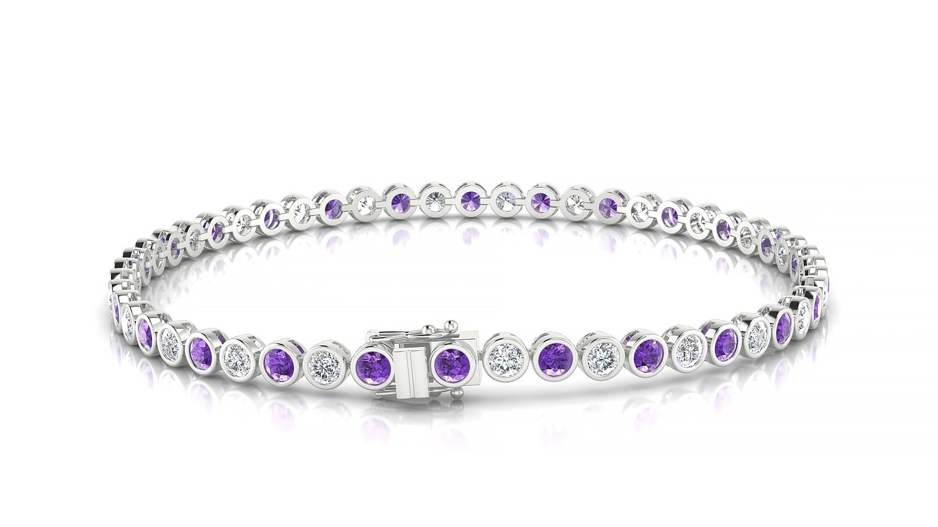 Avila 1-1 | 18k White Gold 2.5 mm Round Natural Amethyst & Diamond 20 cm Tennis Bracelet