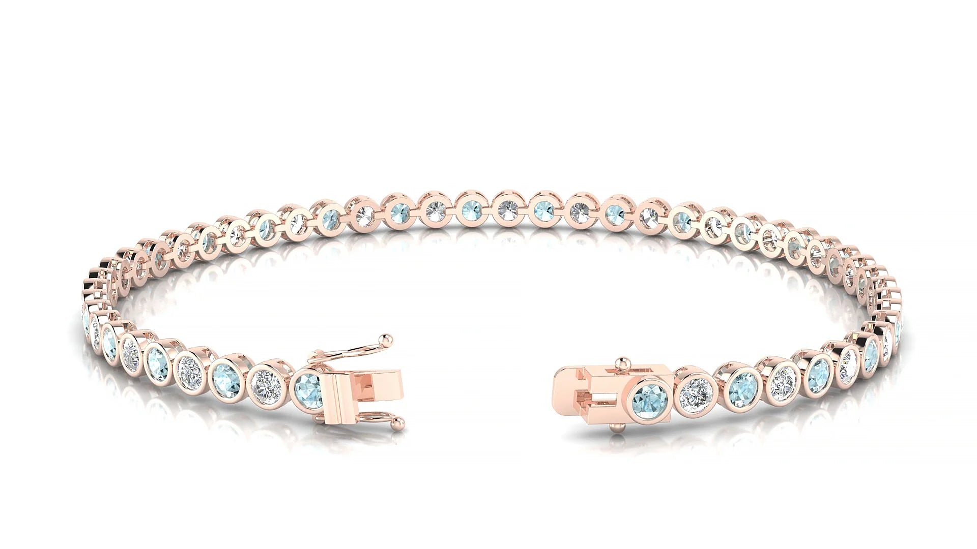 Avila 1-1 | 18k Rose Gold 2.5 mm Round Natural Aquamarine & Diamond Tennis Bracelet
