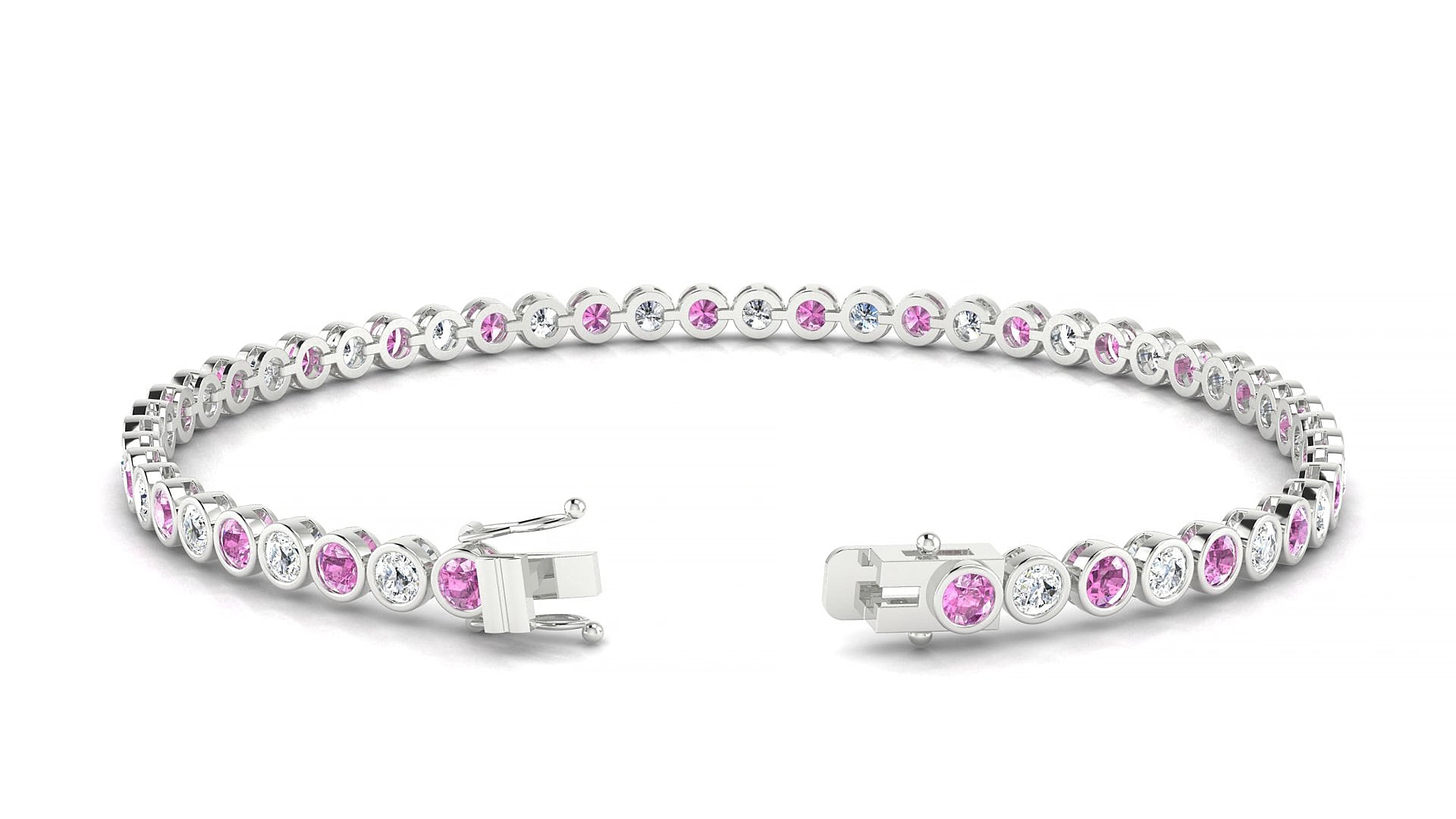 Avila 1-1 | 18k White Gold 2.5 mm Round Natural Pink Sapphire & Diamond 15 cm Tennis Bracelet