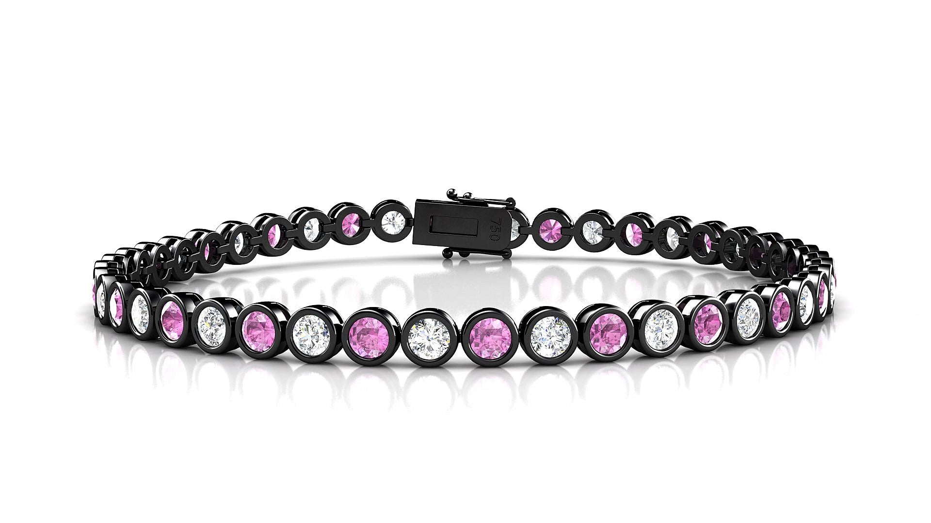 Avila 1-1 | 18k Black Gold 3 mm Round Natural Pink Sapphire & Diamond 15 cm Tennis Bracelet