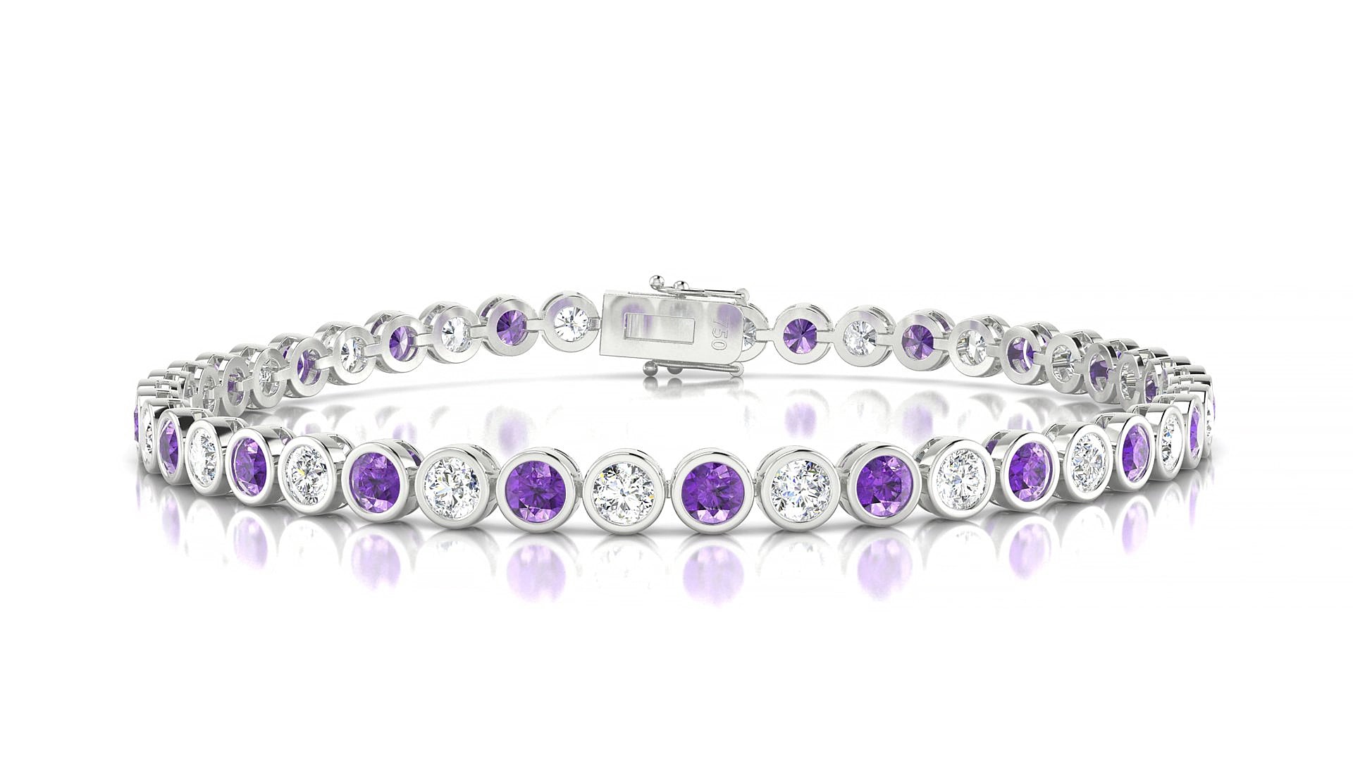 Avila 1-1 | 18k White Gold 3 mm Round Natural Amethyst & Diamond 17 cm Tennis Bracelet