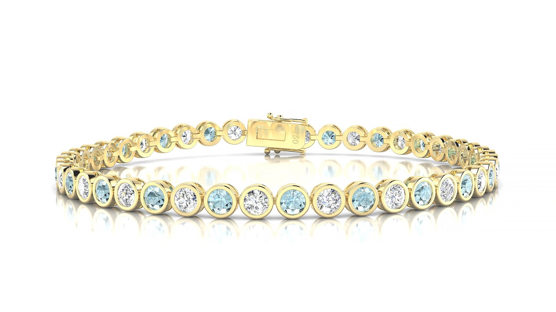 Avila 1-1 | 18k Yellow Gold 3 mm Round Natural Aquamarine & Diamond 15 cm Tennis Bracelet