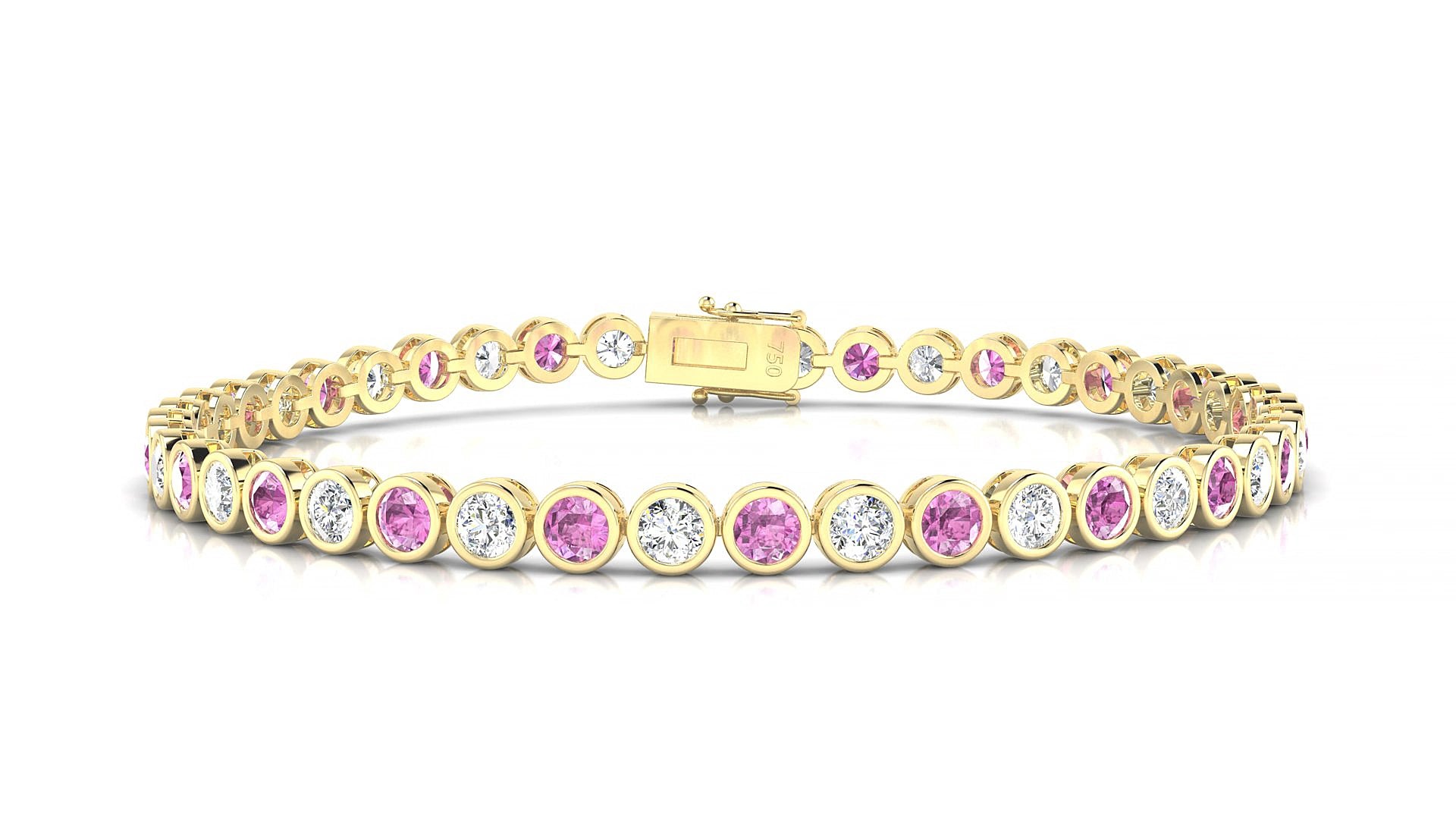 Avila 1-1 | 18k Yellow Gold 3 mm Round Natural Pink Sapphire & Diamond 15 cm Tennis Bracelet