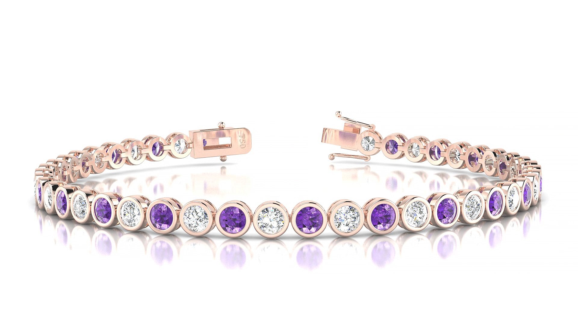 Avila 1-1 | 18k Rose Gold 3 mm Round Natural Amethyst & Diamond 15 cm Tennis Bracelet