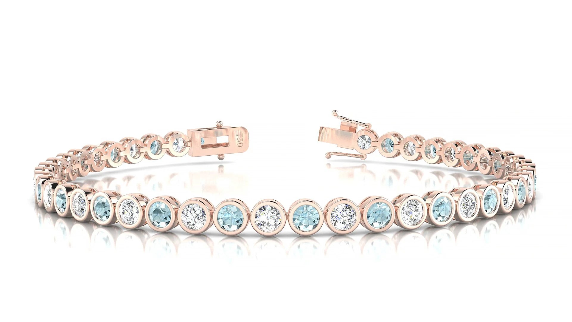 Avila 1-1 | 18k Rose Gold 3 mm Round Natural Aquamarine & Diamond Tennis Bracelet