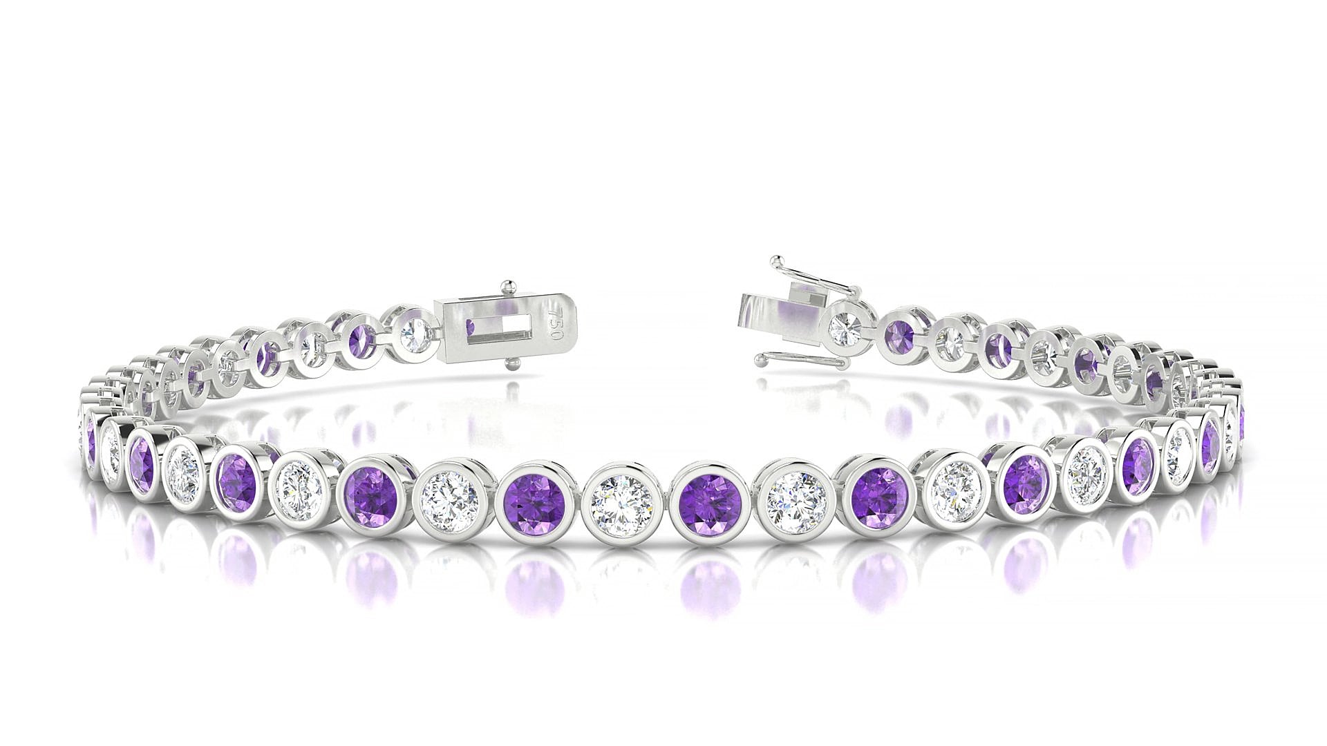 Avila 1-1 | 18k White Gold 3 mm Round Natural Amethyst & Diamond 17 cm Tennis Bracelet