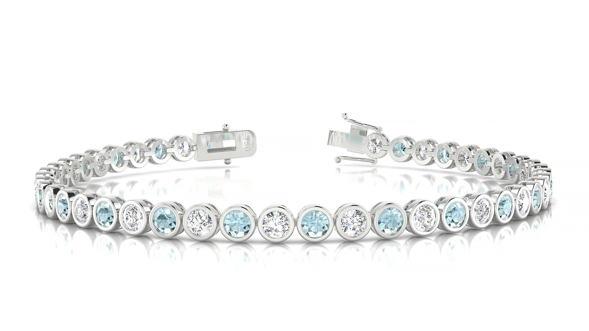 Avila 1-1 | 18k White Gold 3 mm Round Natural Aquamarine & Diamond 15 cm Tennis Bracelet