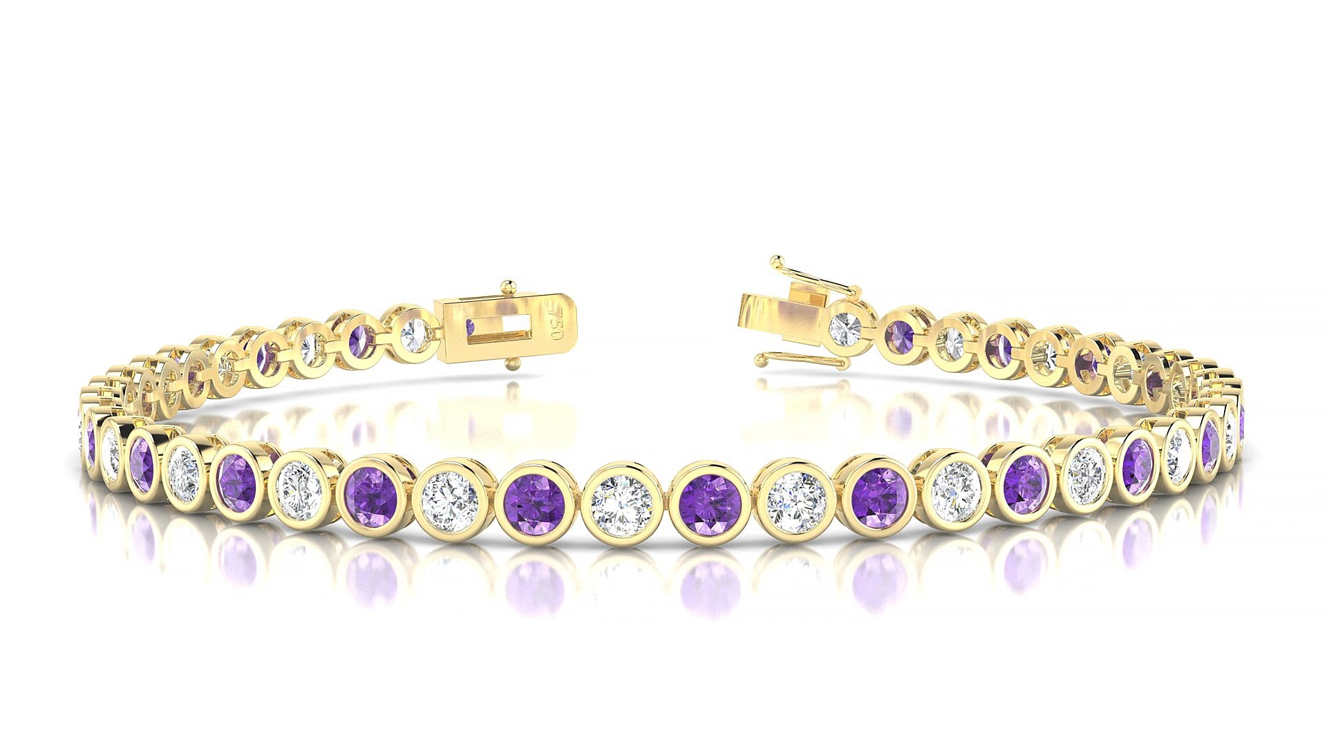 Avila 1-1 | 18k Yellow Gold 3 mm Round Natural Amethyst & Diamond 15 cm Tennis Bracelet