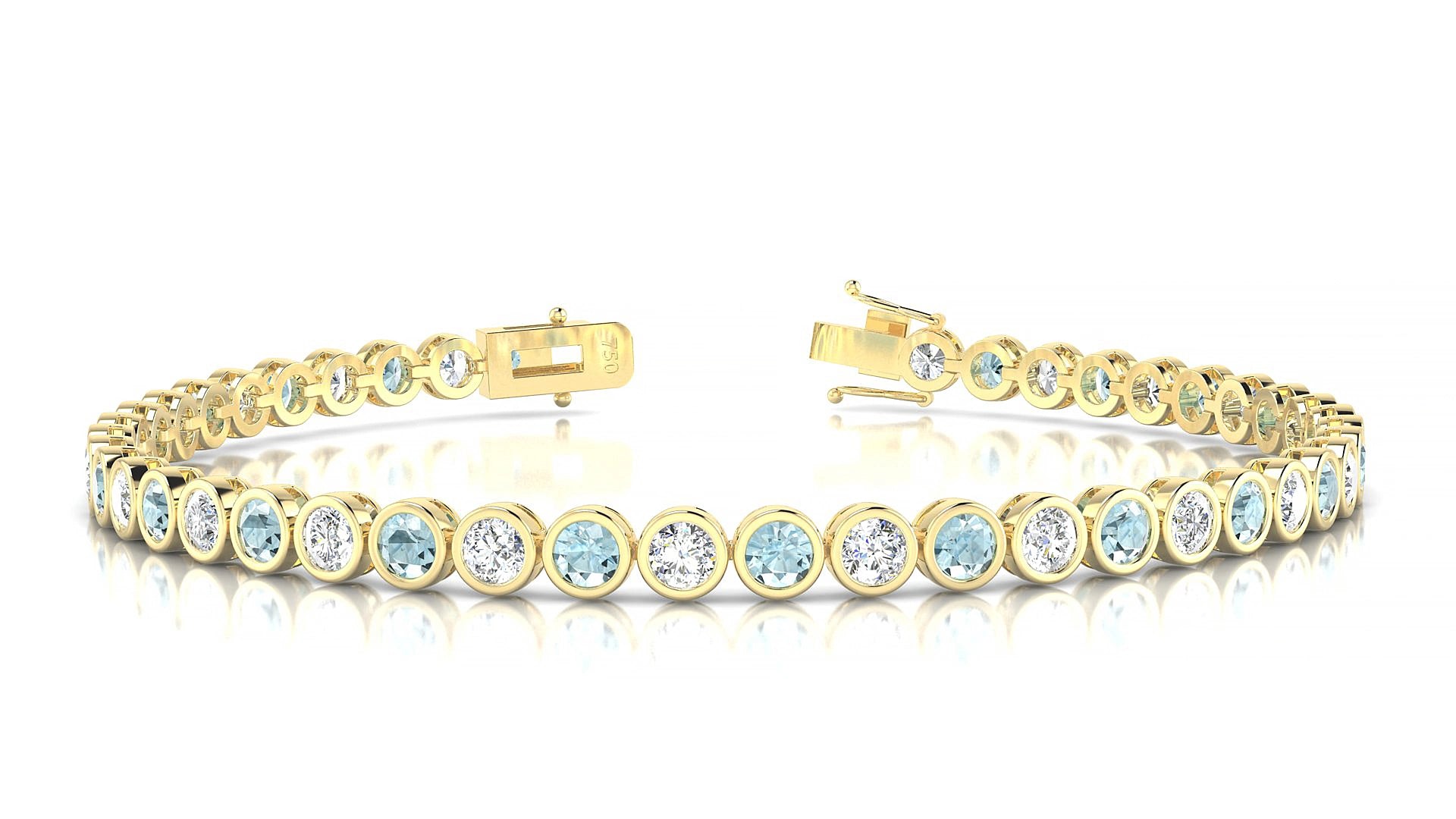 Avila 1-1 | 18k Yellow Gold 3 mm Round Natural Aquamarine & Diamond 18 cm Tennis Bracelet