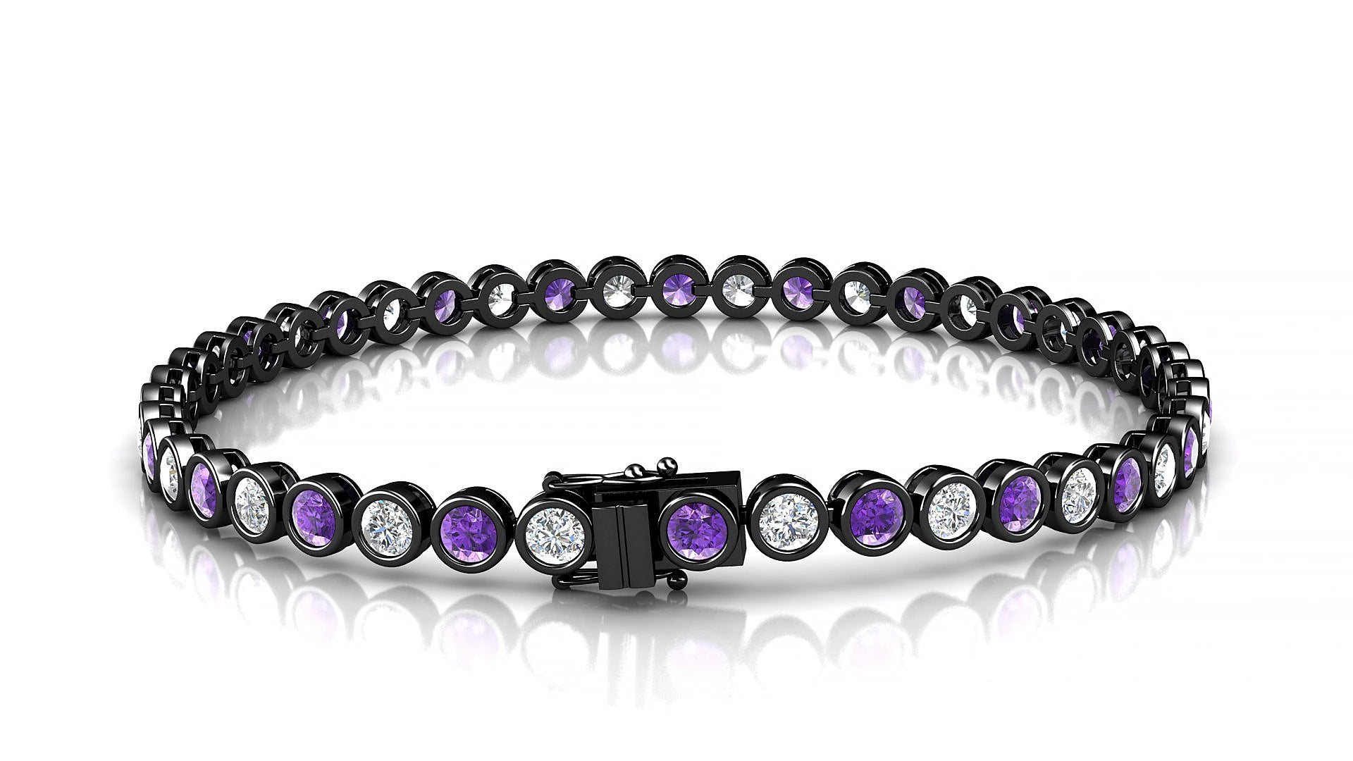 Avila 1-1 | 18k Black Gold 3 mm Round Natural Amethyst & Diamond 16 cm Tennis Bracelet