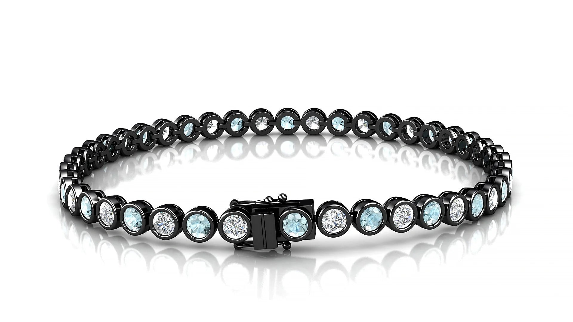 Avila 1-1 | 18k Black Gold 3 mm Round Natural Aquamarine & Diamond Tennis Bracelet
