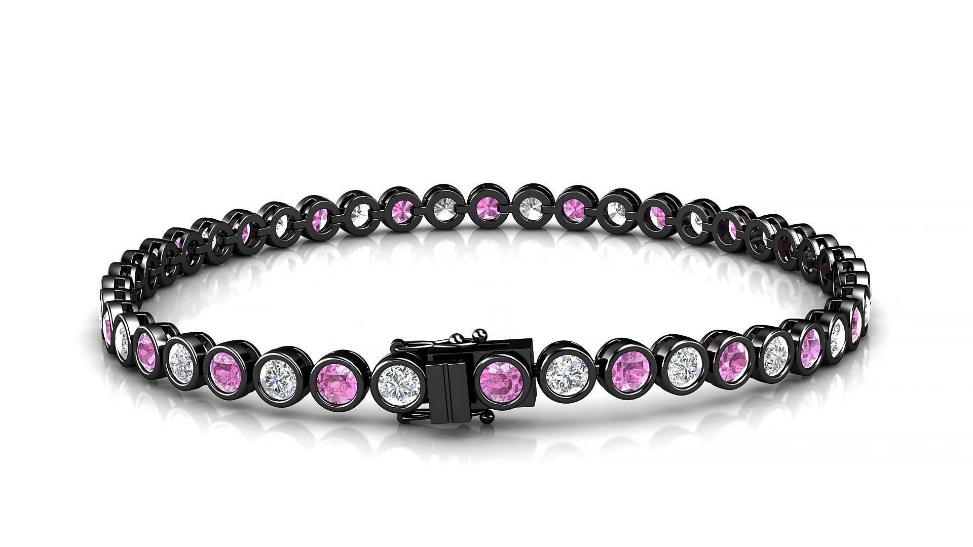Avila 1-1 | 18k Black Gold 3 mm Round Natural Pink Sapphire & Diamond 20 cm Tennis Bracelet
