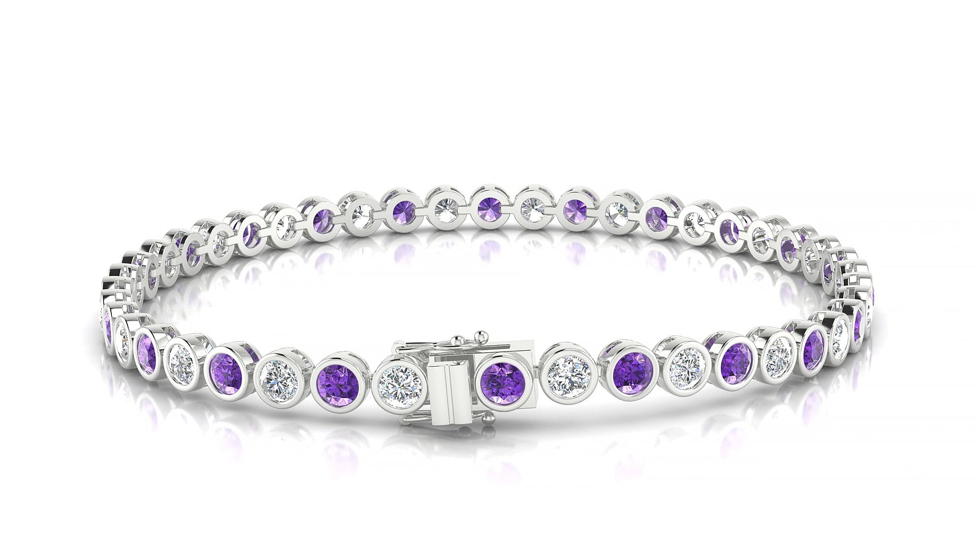 Avila 1-1 | 18k White Gold 3 mm Round Natural Amethyst & Diamond 20 cm Tennis Bracelet