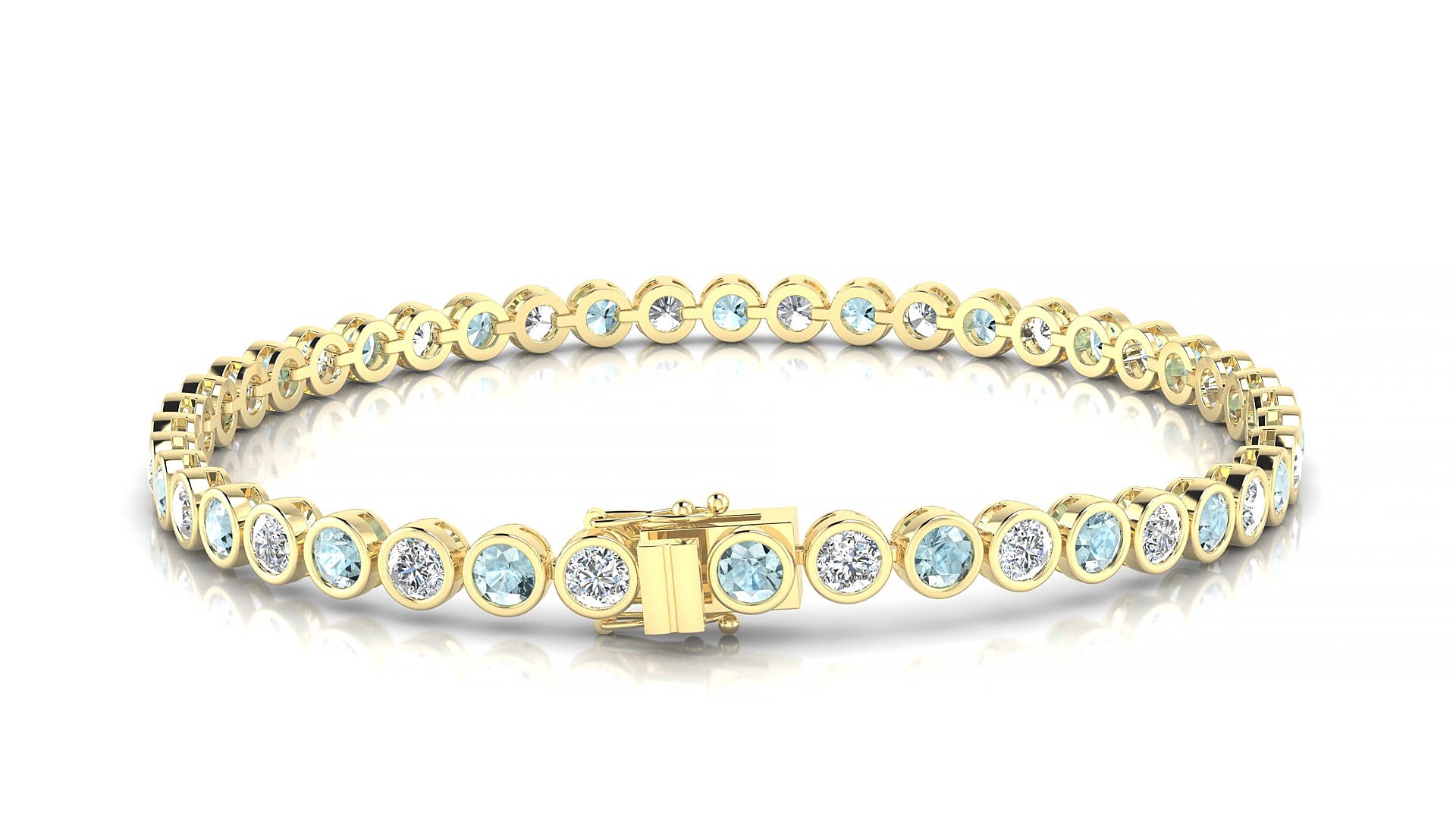 Avila 1-1 | 18k Yellow Gold 3 mm Round Natural Aquamarine & Diamond 15 cm Tennis Bracelet
