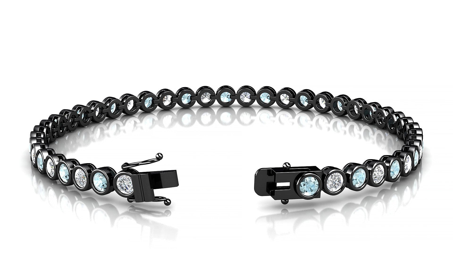 Avila 1-1 | 18k Black Gold 3 mm Round Natural Aquamarine & Diamond 18 cm Tennis Bracelet