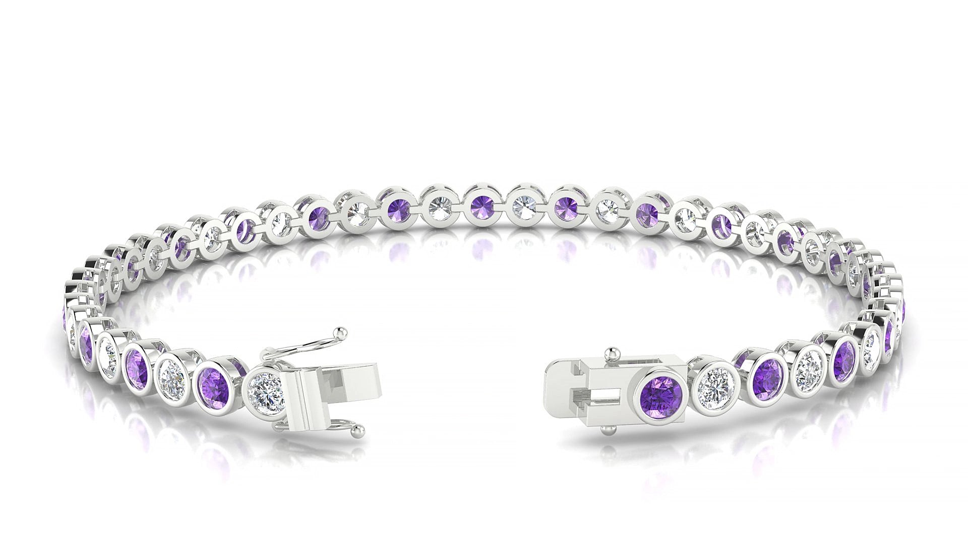 Avila 1-1 | 18k White Gold 3 mm Round Natural Amethyst & Diamond 16 cm Tennis Bracelet