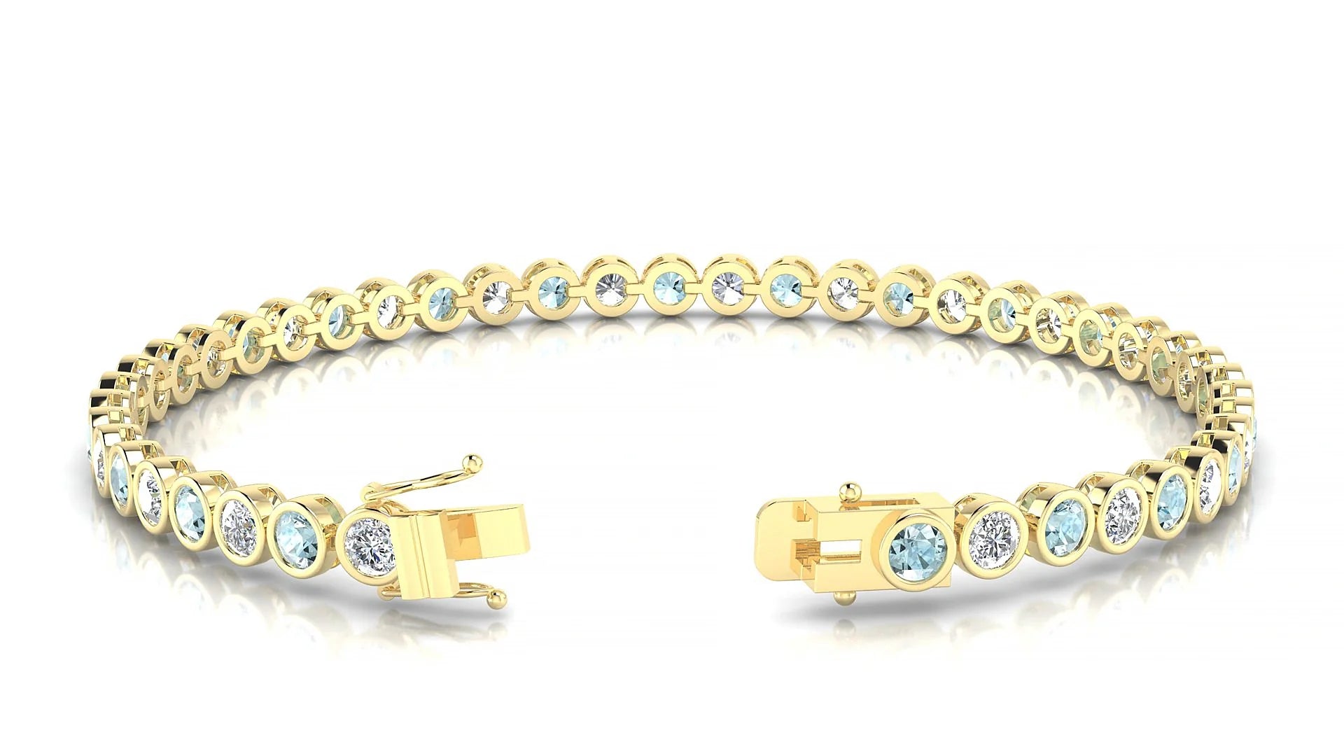 Avila 1-1 | 18k Yellow Gold 3 mm Round Natural Aquamarine & Diamond Tennis Bracelet