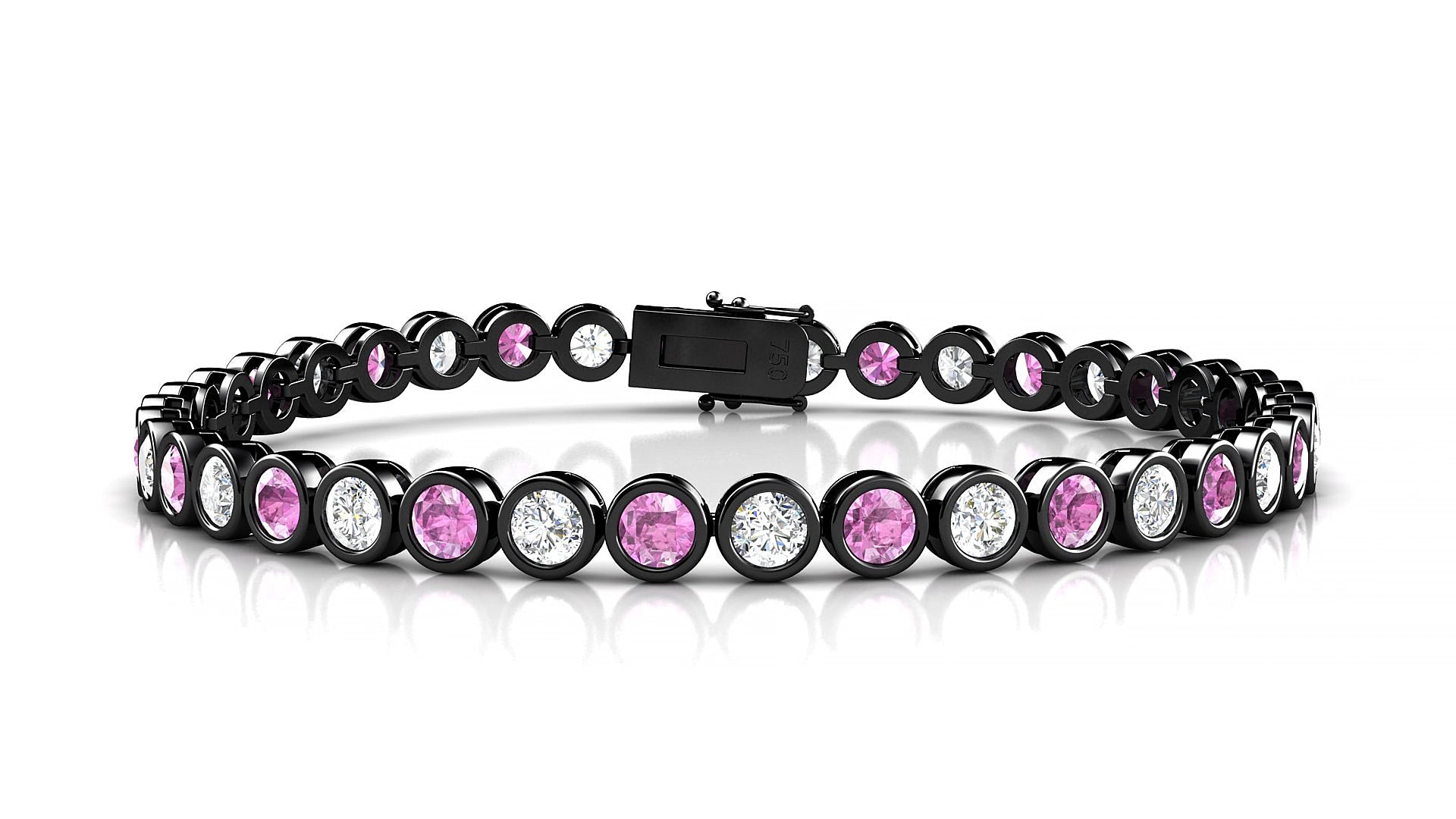 Avila 1-1 | 18k Black Gold 3.4 mm Round Natural Pink Sapphire & Diamond 18 cm Tennis Bracelet