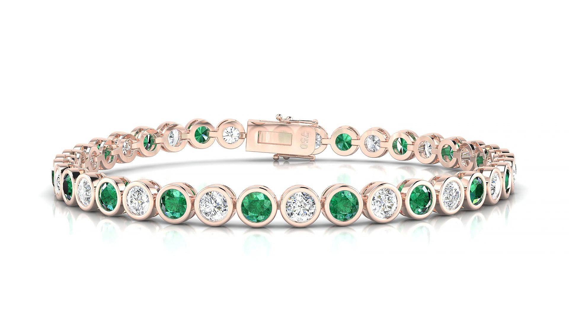 Avila 1-1 | 18k Rose Gold 3.4 mm Round Natural Emerald & Diamond 16 cm Tennis Bracelet