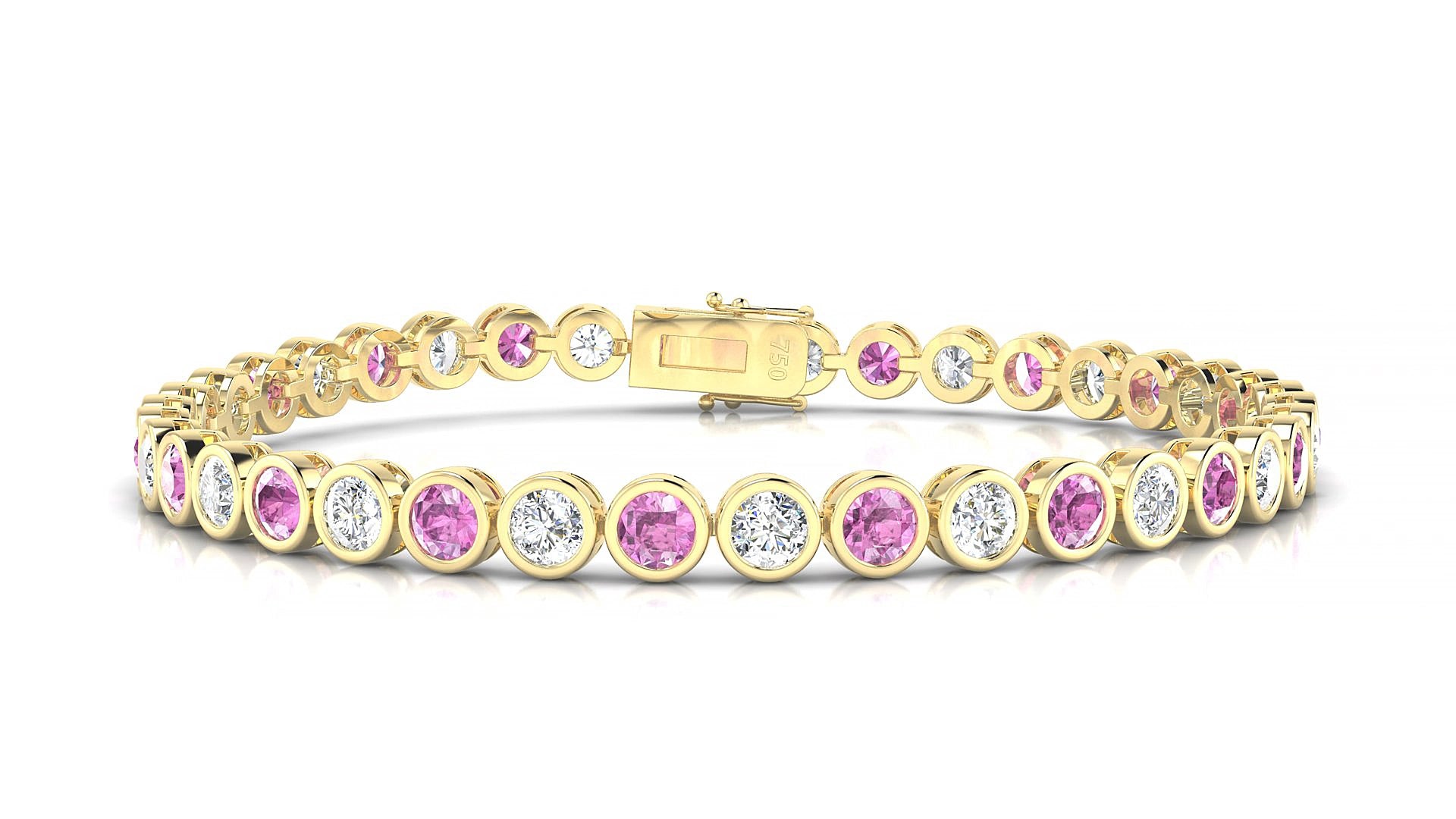 Avila 1-1 | 18k Yellow Gold 3.4 mm Round Natural Pink Sapphire & Diamond 15 cm Tennis Bracelet