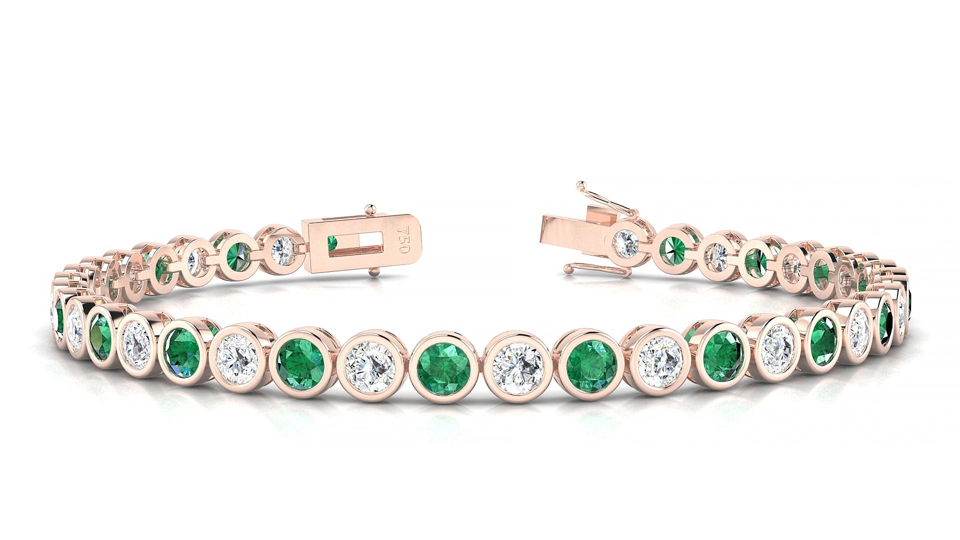 Avila 1-1 | 18k Rose Gold 3.4 mm Round Natural Emerald & Diamond 15 cm Tennis Bracelet