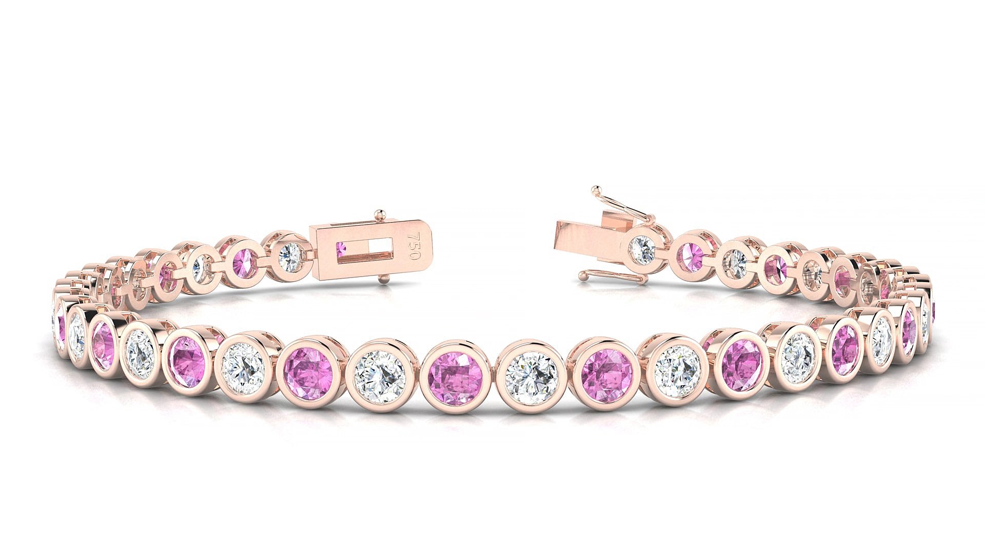 Avila 1-1 | 18k Rose Gold 3.4 mm Round Natural Pink Sapphire & Diamond 15 cm Tennis Bracelet