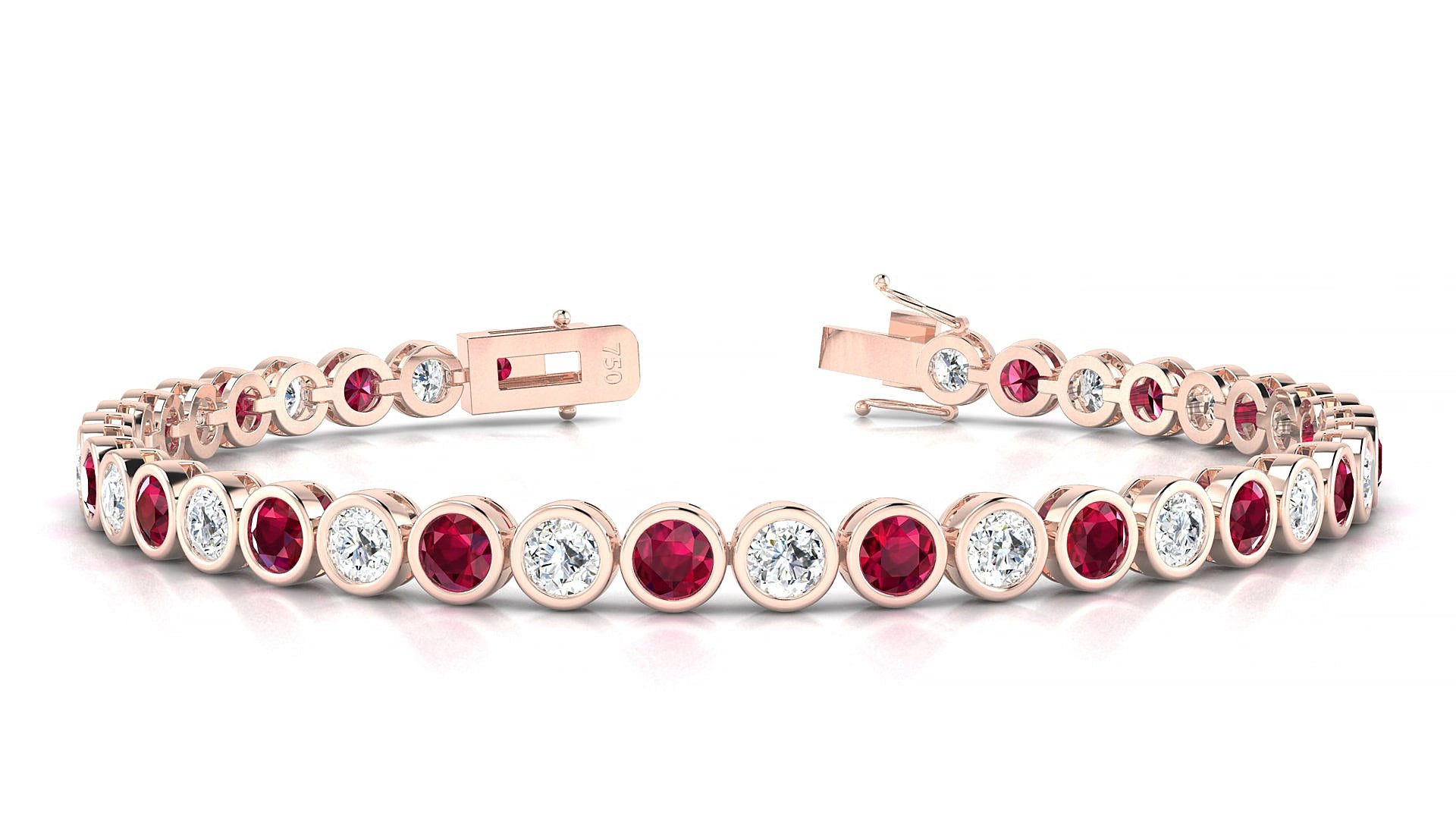 Avila 1-1 | 18k Rose Gold 3.4 mm Round Natural Ruby & Diamond 15 cm Tennis Bracelet