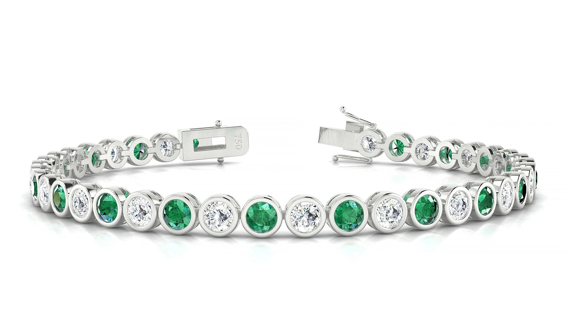 Avila 1-1 | 18k White Gold 3.4 mm Round Natural Emerald & Diamond 16 cm Tennis Bracelet