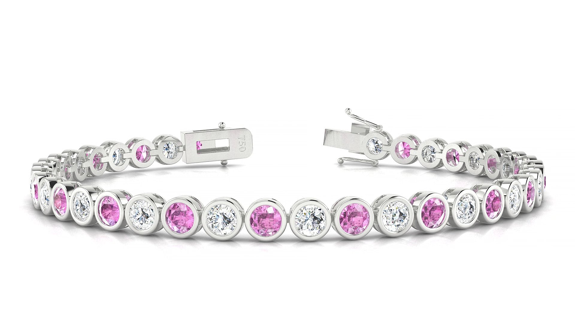 Avila 1-1 | 18k White Gold 3.4 mm Round Natural Pink Sapphire & Diamond 15 cm Tennis Bracelet