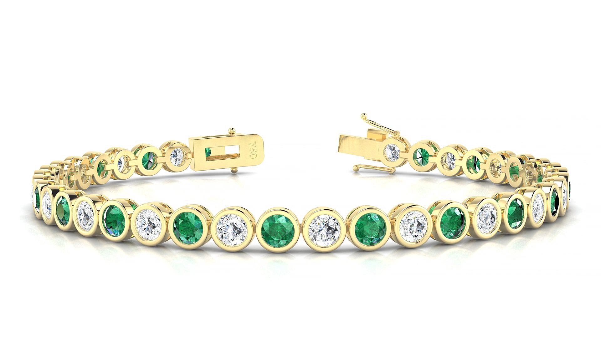 Avila 1-1 | 18k Yellow Gold 3.4 mm Round Natural Emerald & Diamond 18 cm Tennis Bracelet