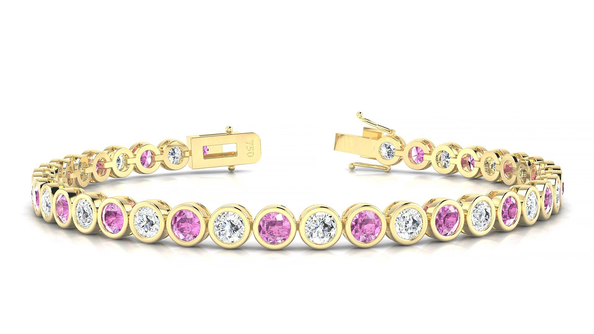 Avila 1-1 | 18k Yellow Gold 3.4 mm Round Natural Pink Sapphire & Diamond 19 cm Tennis Bracelet